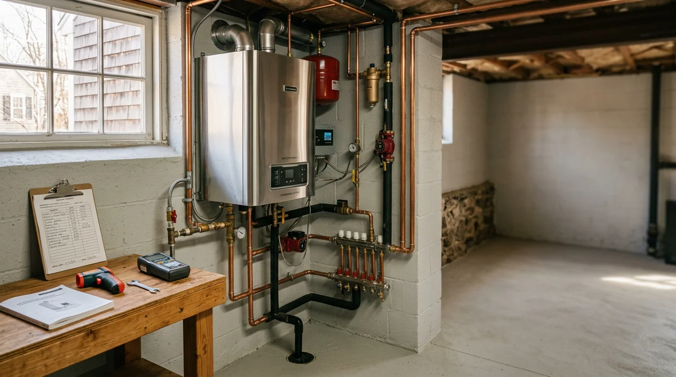 Technician servicing high-efficiency boiler in basement