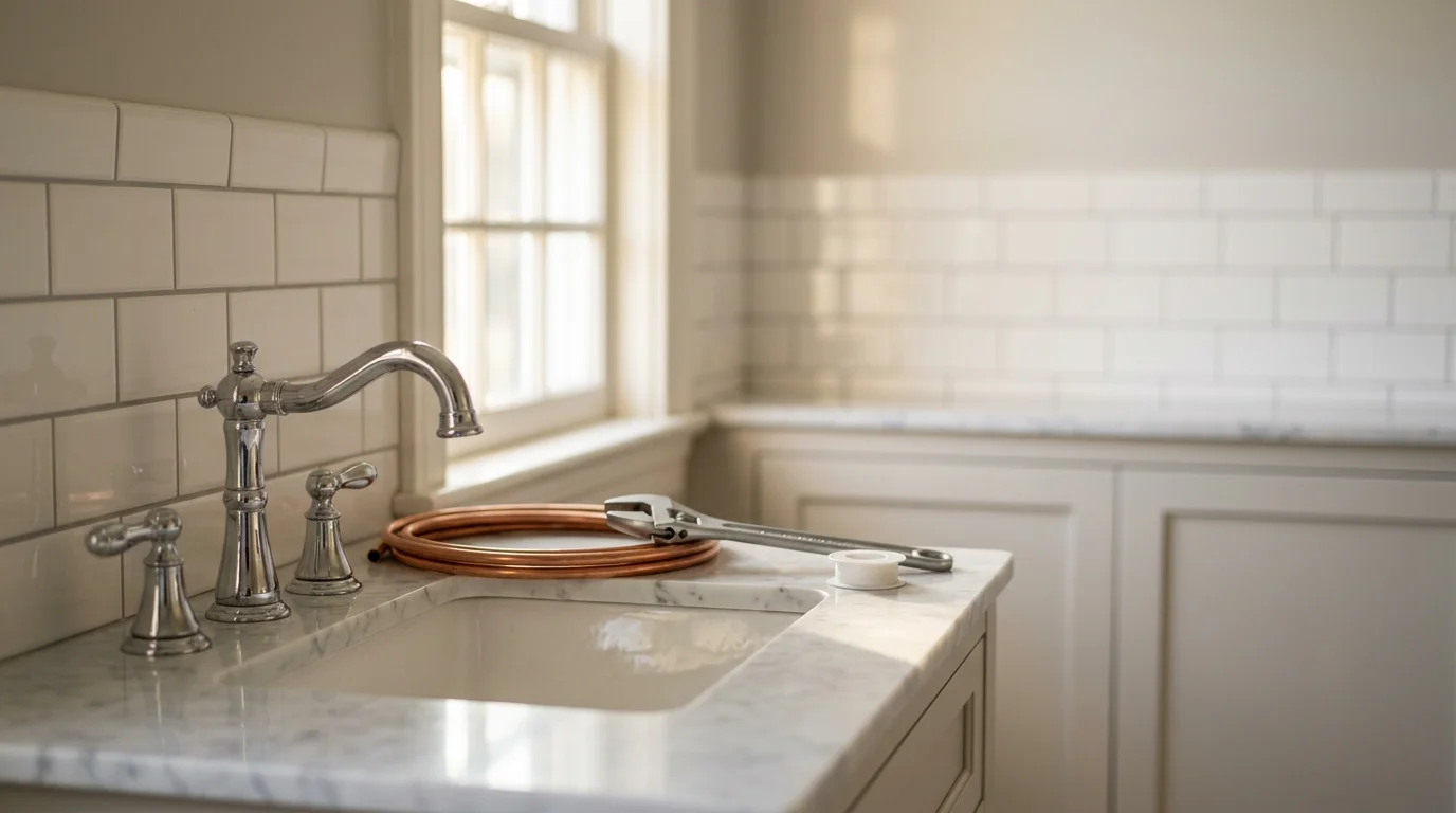 Professional plumber installing new water line in residential home