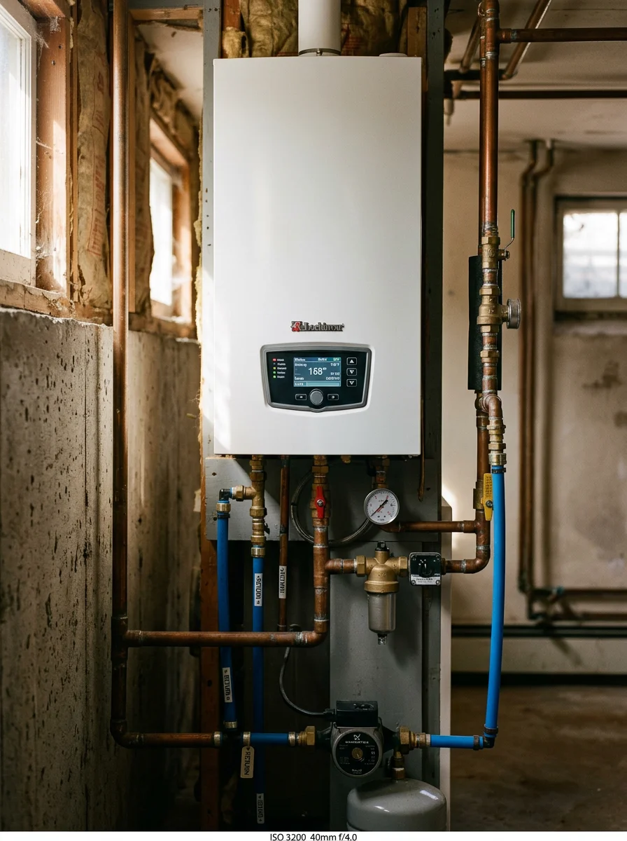 A high efficiency boiler installed in a Bridgewater home mechanical room, connected to the existing baseboard hot water heating system in a 1970s-era colonial.