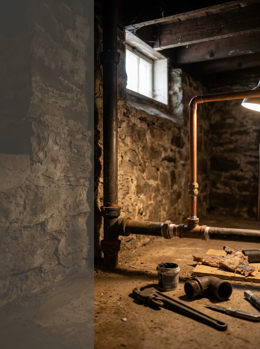 A plumber replacing an original cast iron drain line in the basement of a 19th-century home in North Easton village, MA, during a plumbing repair call.
