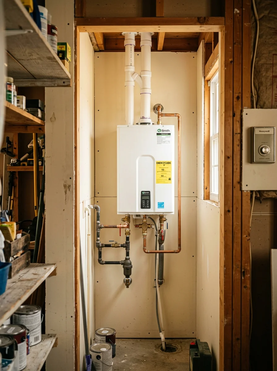 A high efficiency water heater installed in a Raynham ranch home utility closet, with proper ventilation clearance to protect against summer humidity corrosion.