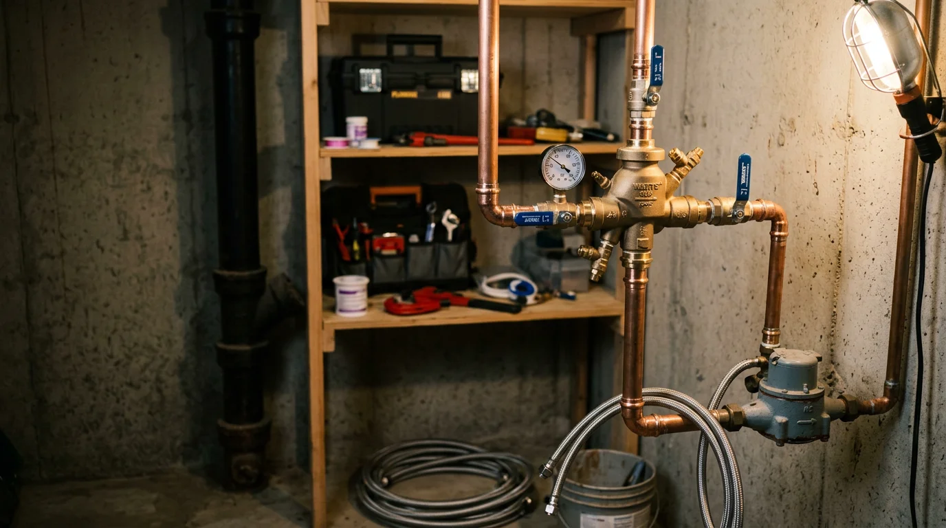 A backflow prevention assembly installed on a residential water supply line in Middleborough, MA. The device is mounted on copper piping in a utility area, showing check valves and a relief valve in a clean, code-compliant installation.