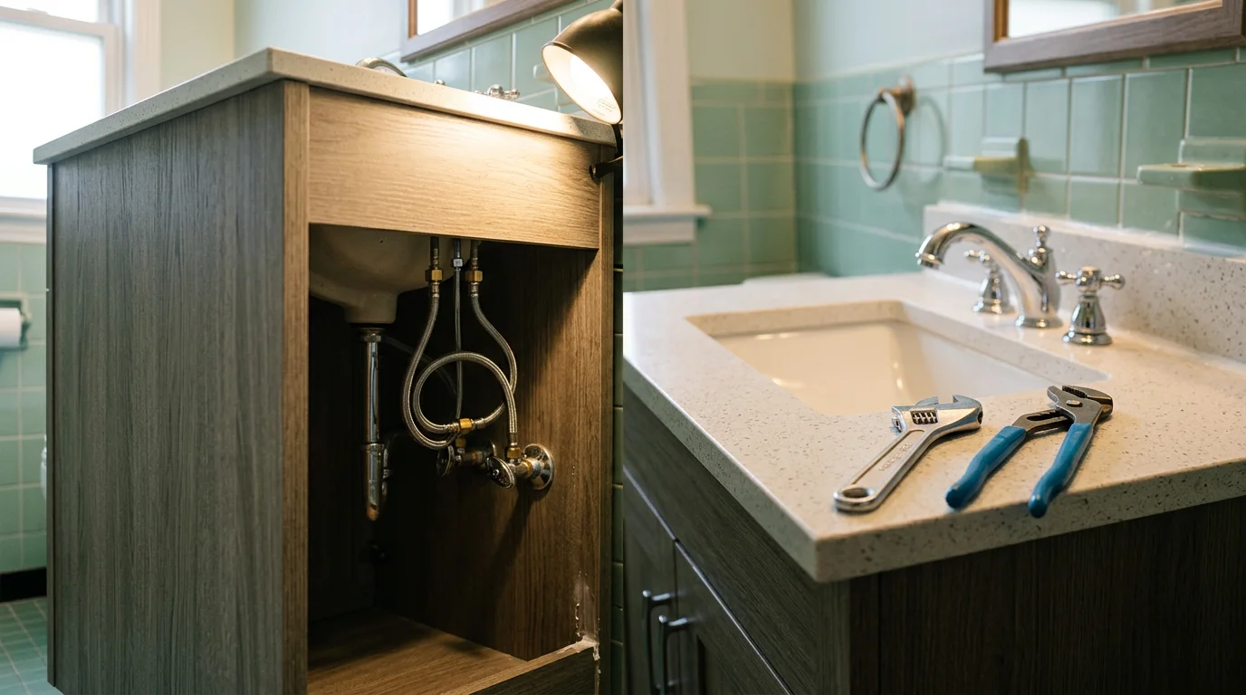 A newly installed bathroom in a Middleborough, MA home showing a toilet, pedestal sink, and shower with fresh supply line and drain connections. Clean finish work with no visible gaps at fixture bases or wall penetrations.