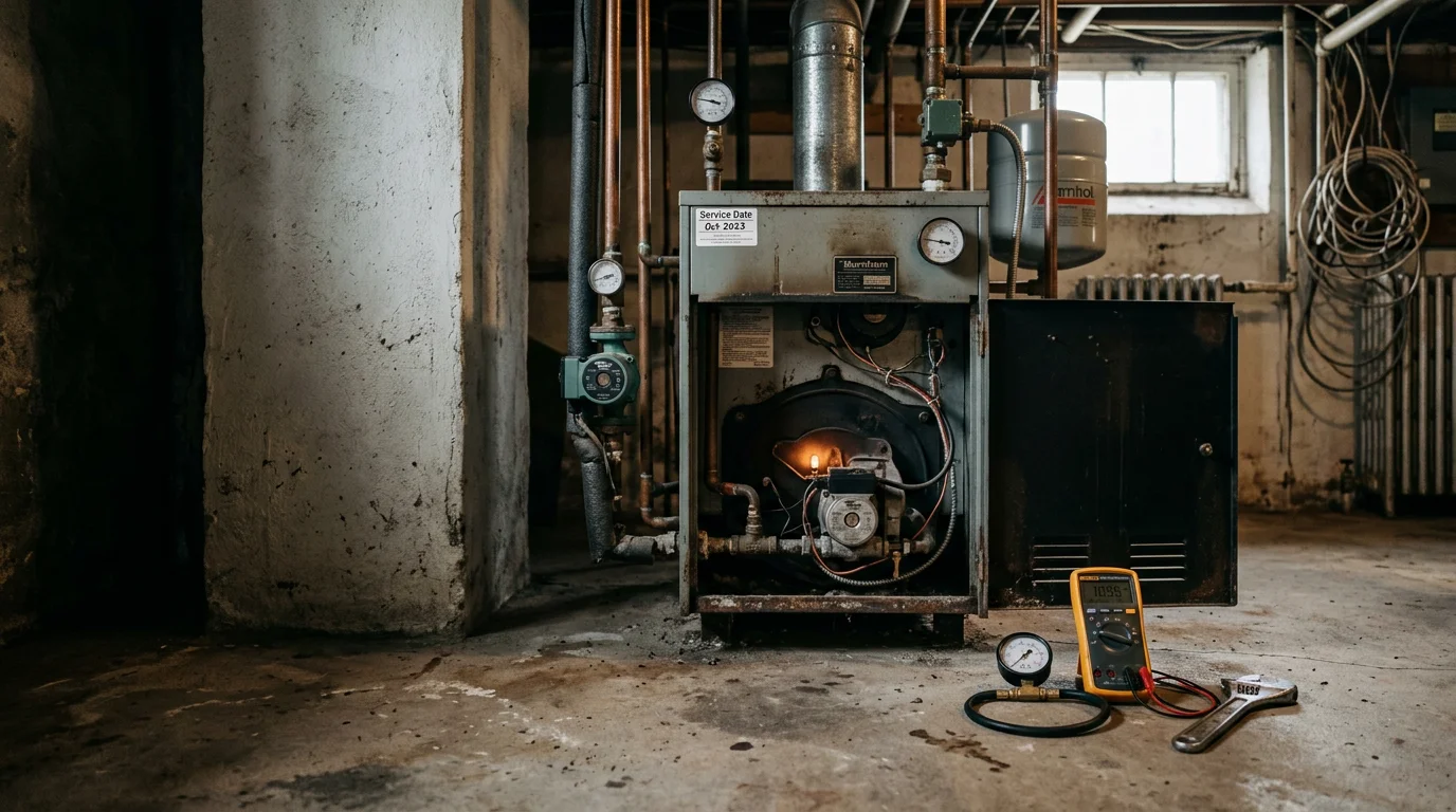 A heating contractor inspecting a residential boiler in a Middleborough, MA home basement. The technician examines the circulator pump and zone valves on an older hot water boiler system.