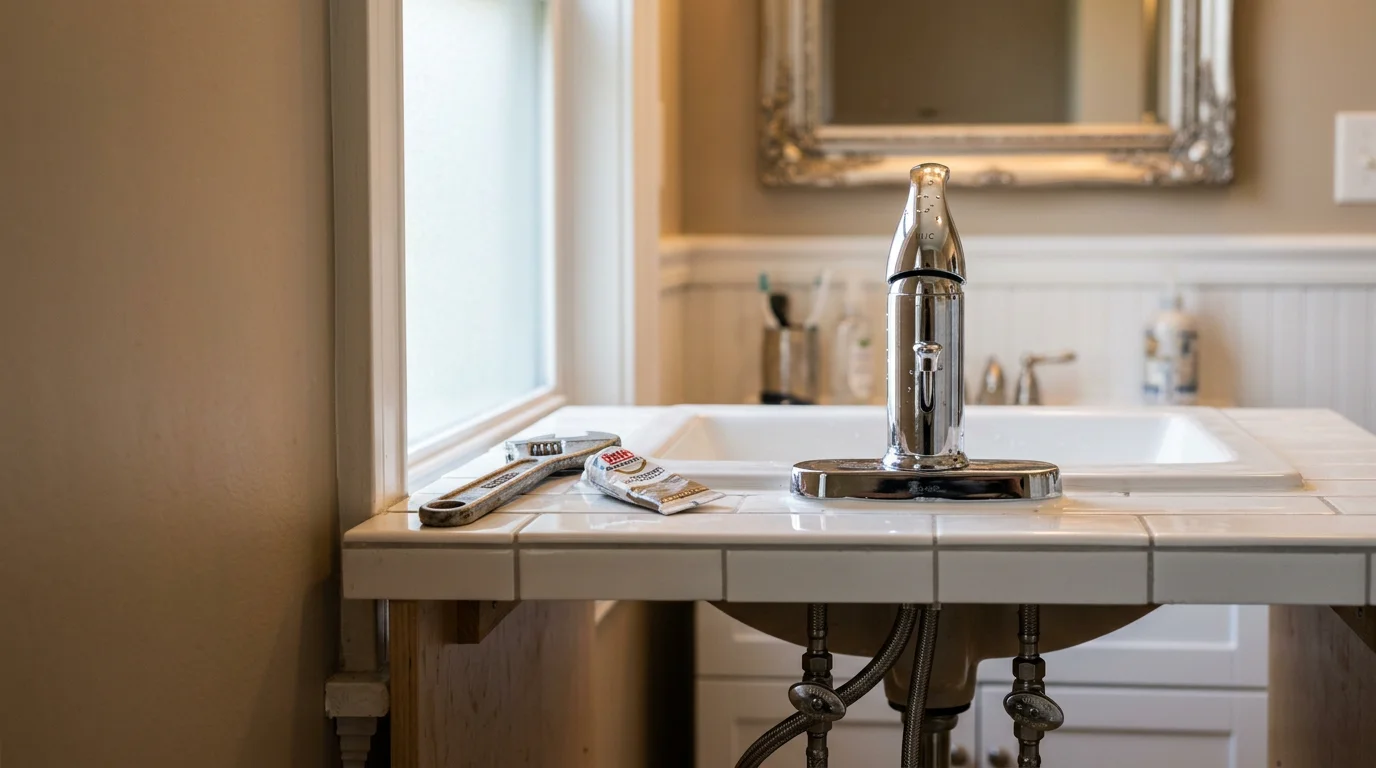 A plumber installing a new bathroom sink fixture in a Middleborough, MA home, with supply lines connected and shut-off valves visible beneath the vanity cabinet.