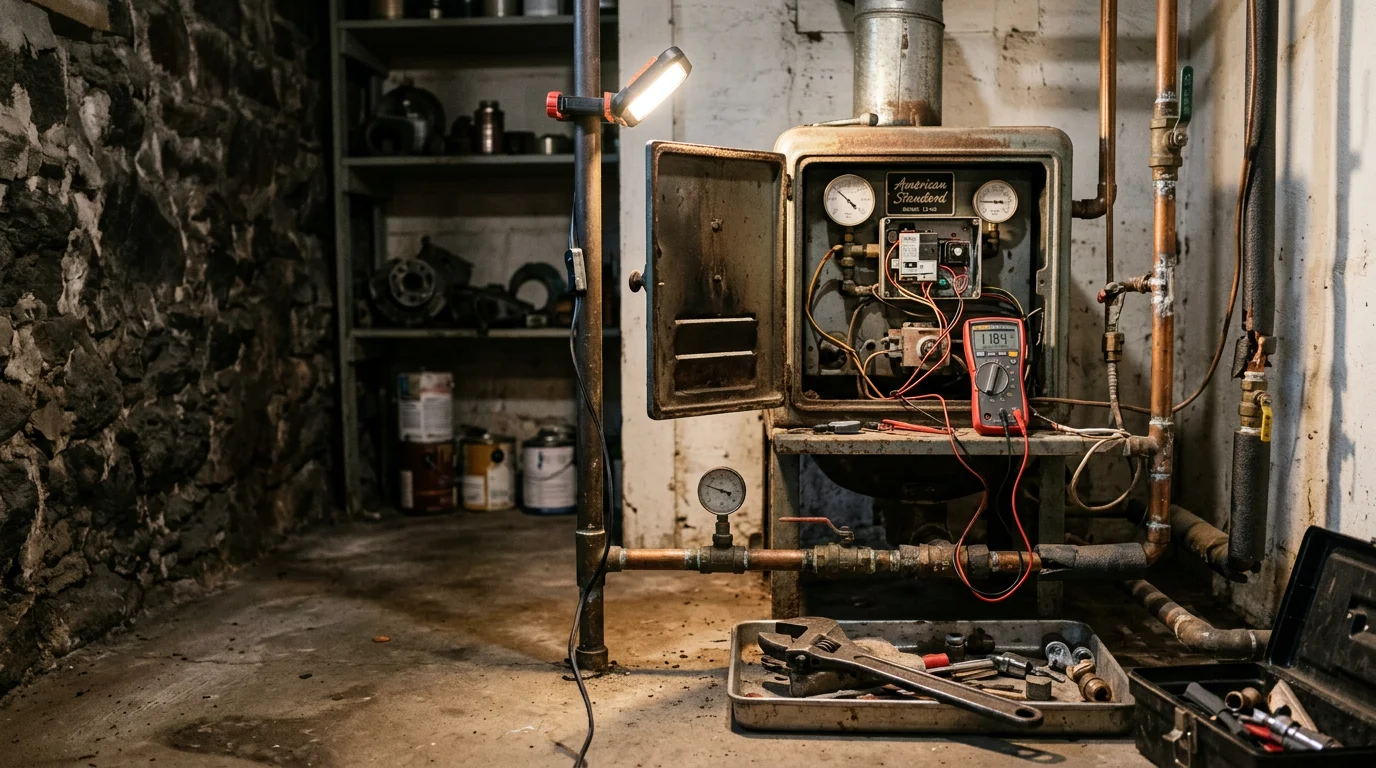 A heating technician inspecting a residential heating system in a Middleborough, MA home. The technician examines internal components of the unit in a basement utility room.